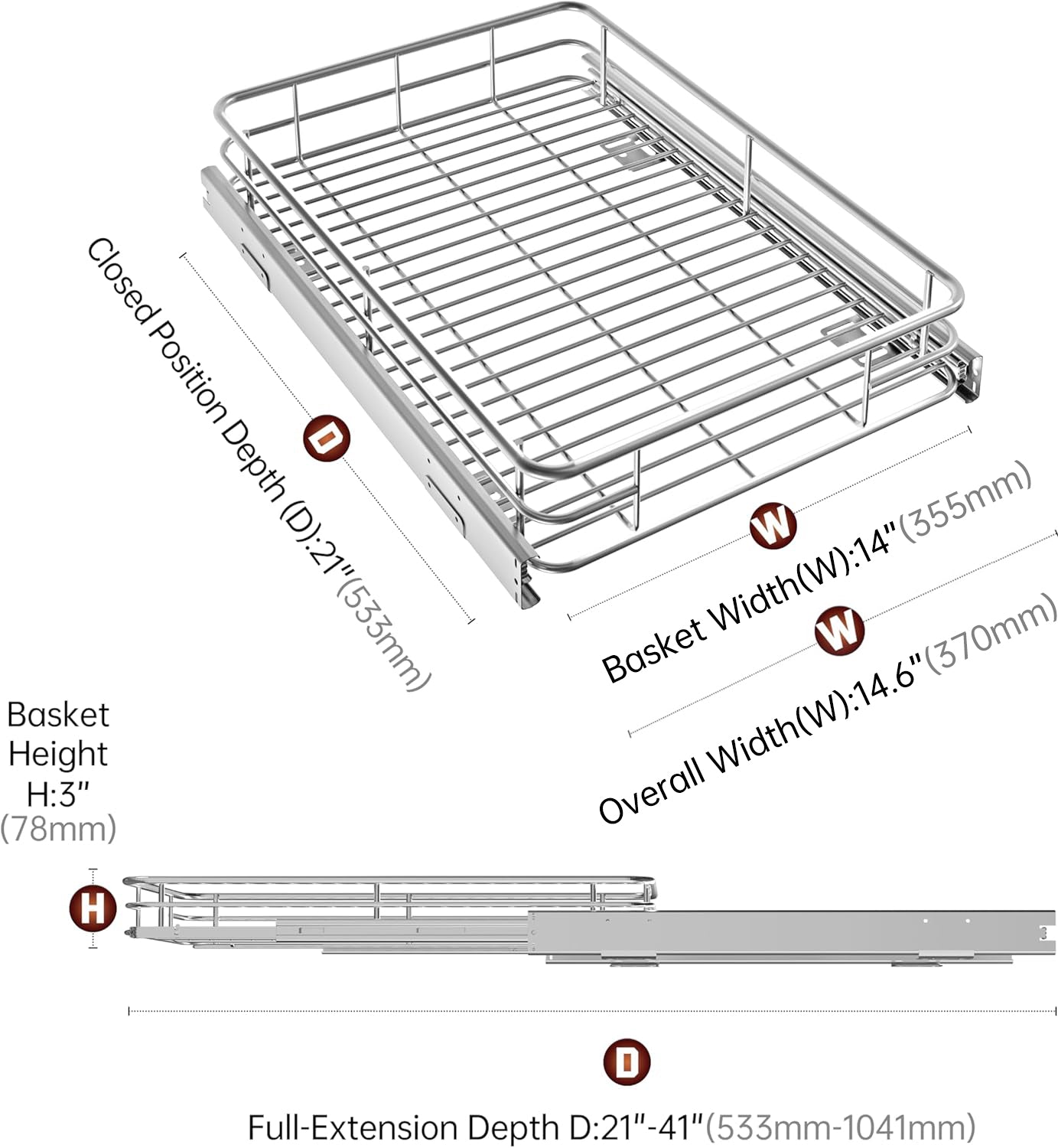 JOWBOOW Sliding Cabinet Organizer Pull Out Shelves, Heavy-Duty Slide Out Shelf, Steel Metal Cabinet Roll Out Shelves for Kitchen Bathroom, Chrome