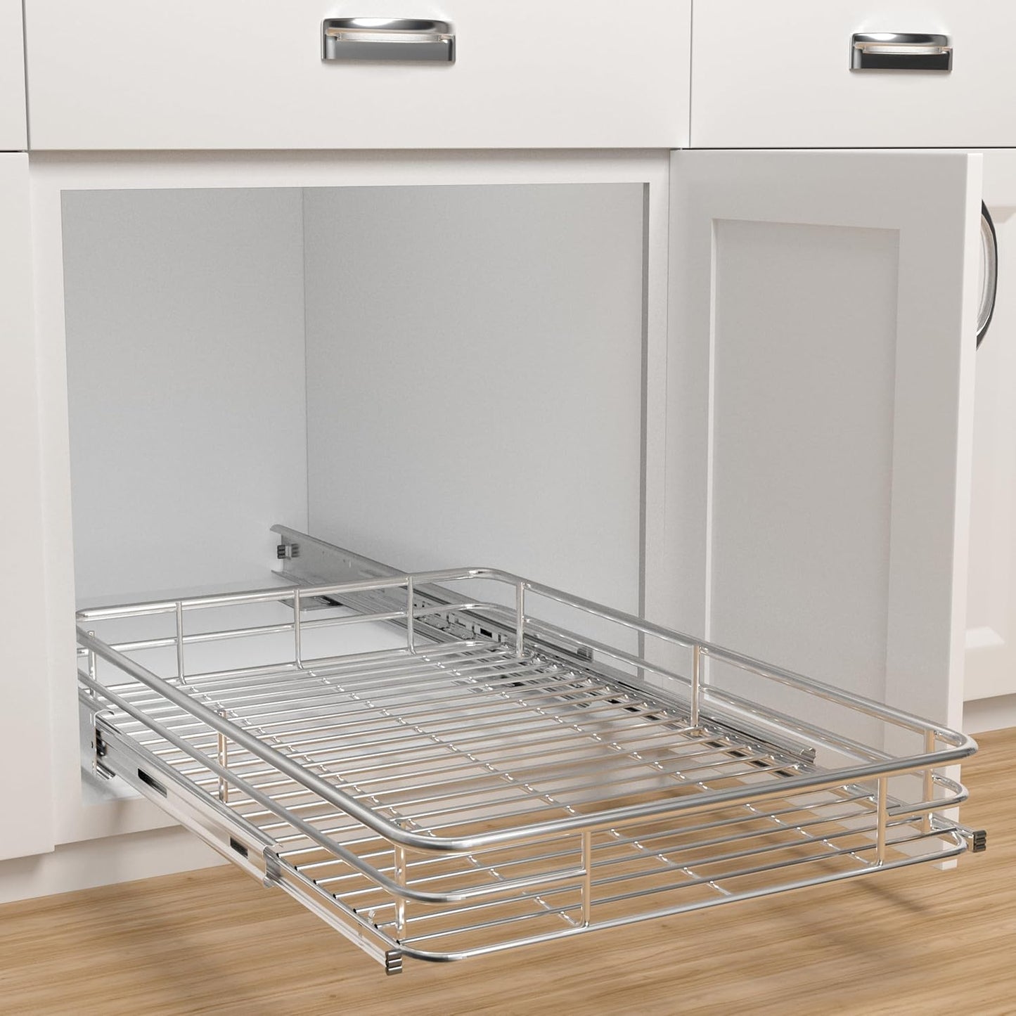 JOWBOOW Sliding Cabinet Organizer Pull Out Shelves, Heavy-Duty Slide Out Shelf, Steel Metal Cabinet Roll Out Shelves for Kitchen Bathroom, Chrome