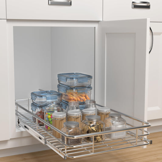 JOWBOOW Sliding Cabinet Organizer Pull Out Shelves, Heavy-Duty Slide Out Shelf, Steel Metal Cabinet Roll Out Shelves for Kitchen Bathroom, Chrome
