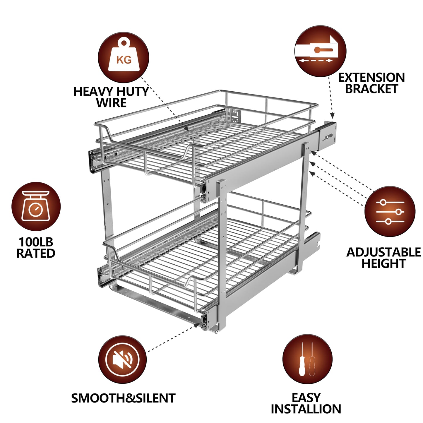 JOWBOOW 2-Tier Pull Out Cabinet Organizer, Pull Out Shelves and Drawer for Kitchen Pantry Storage Basket, Heavy-Duty Metal Sliding Shelf, Chrome Finish