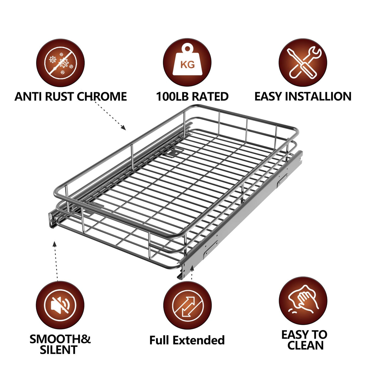 JOWBOOW Sliding Cabinet Organizer Pull Out Shelves, Heavy-Duty Slide Out Shelf, Steel Metal Cabinet Roll Out Shelves for Kitchen Bathroom, Chrome