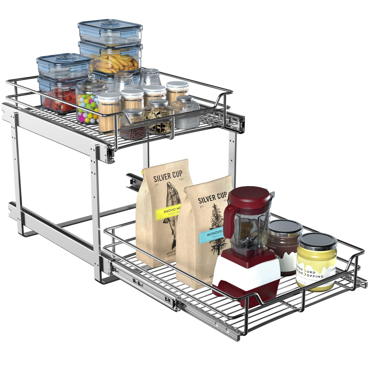 JOWBOOW 2-Tier Pull Out Cabinet Organizer, Pull Out Shelves and Drawer for Kitchen Pantry Storage Basket, Heavy-Duty Metal Sliding Shelf, Chrome Finish
