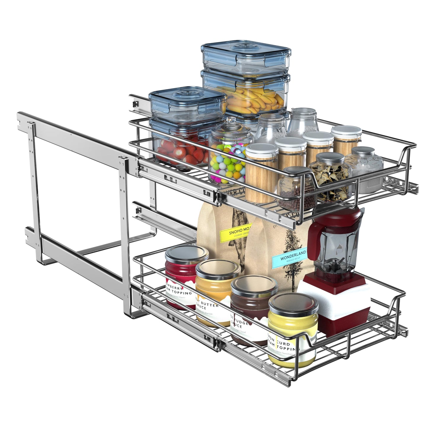 JOWBOOW 2-Tier Pull Out Cabinet Organizer, Pull Out Shelves and Drawer for Kitchen Pantry Storage Basket, Heavy-Duty Metal Sliding Shelf, Chrome Finish