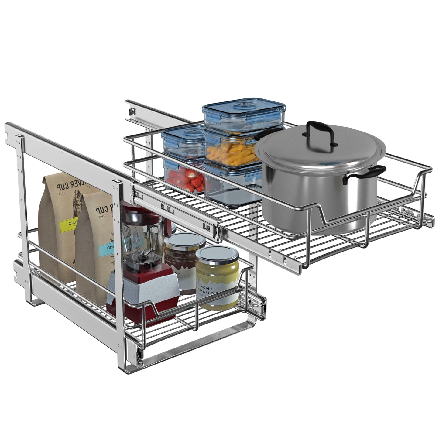 JOWBOOW 2-Tier Pull Out Cabinet Organizer, Pull Out Shelves and Drawer for Kitchen Pantry Storage Basket, Heavy-Duty Metal Sliding Shelf, Chrome Finish