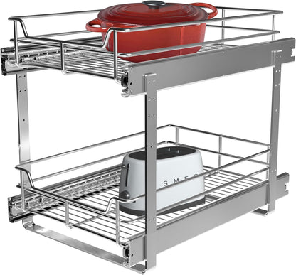 JOWBOOW 2-Tier Pull Out Cabinet Organizer, Pull Out Shelves and Drawer for Kitchen Pantry Storage Basket, Heavy-Duty Metal Sliding Shelf, Chrome Finish