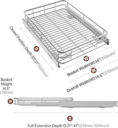 JOWBOOW Sliding Cabinet Organizer Pull Out Shelves, Heavy-Duty Slide Out Shelf, Steel Metal Cabinet Roll Out Shelves for Kitchen Bathroom, Chrome