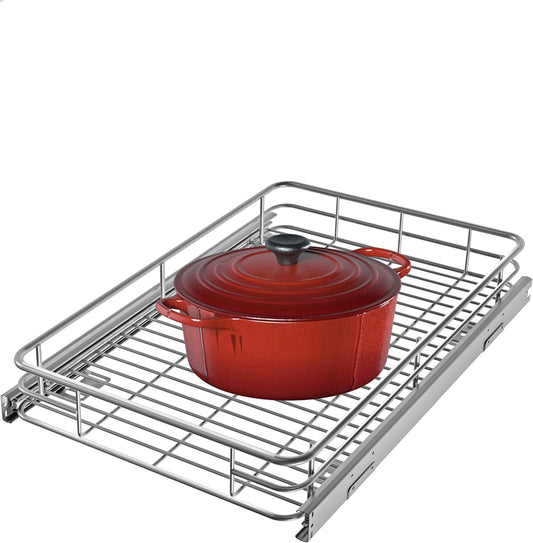 JOWBOOW Sliding Cabinet Organizer Pull Out Shelves, Heavy-Duty Slide Out Shelf, Steel Metal Cabinet Roll Out Shelves for Kitchen Bathroom, Chrome