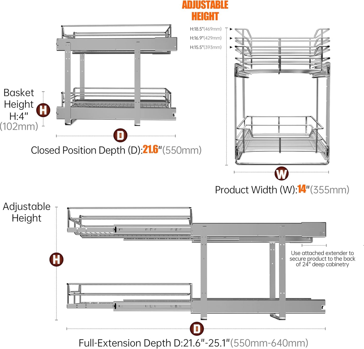 JOWBOOW 2-Tier Pull Out Cabinet Organizer, Pull Out Shelves and Drawer for Kitchen Pantry Storage Basket, Heavy-Duty Metal Sliding Shelf, Chrome Finish
