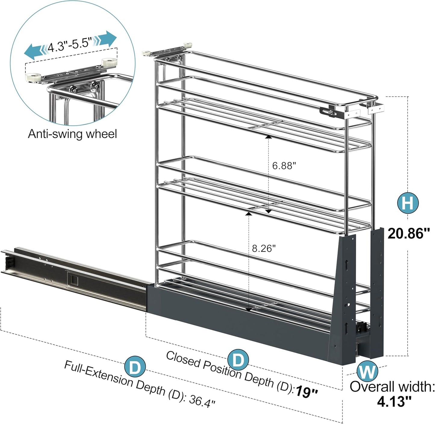 JOWBOOW Pull Out Spice Rack for Narrow Cabinet, Heavy Duty 3 Tier narrow PullOut Cabinet Organizer and Slide Out Shelves for inside Base Cabinets, Filler Pantry Storage