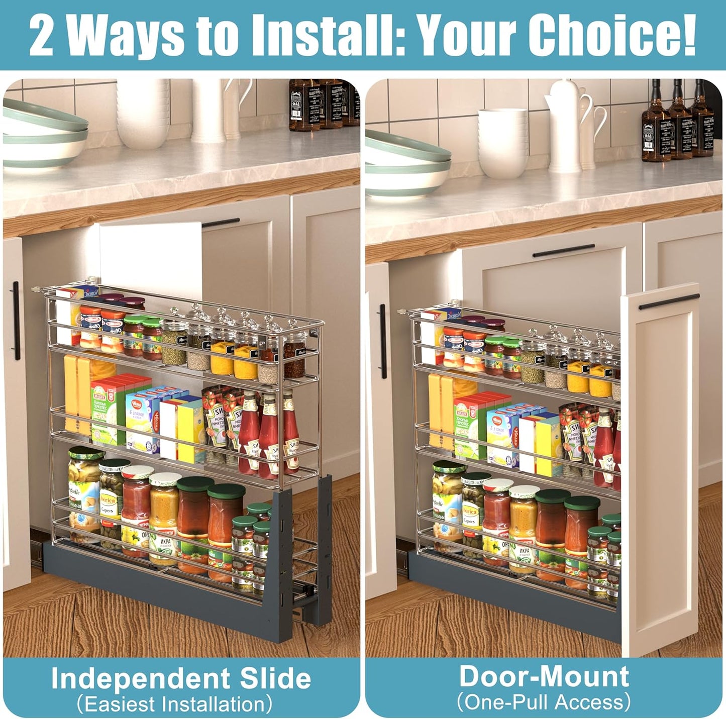 JOWBOOW Pull Out Spice Rack for Narrow Cabinet, Heavy Duty 3 Tier narrow PullOut Cabinet Organizer and Slide Out Shelves for inside Base Cabinets, Filler Pantry Storage