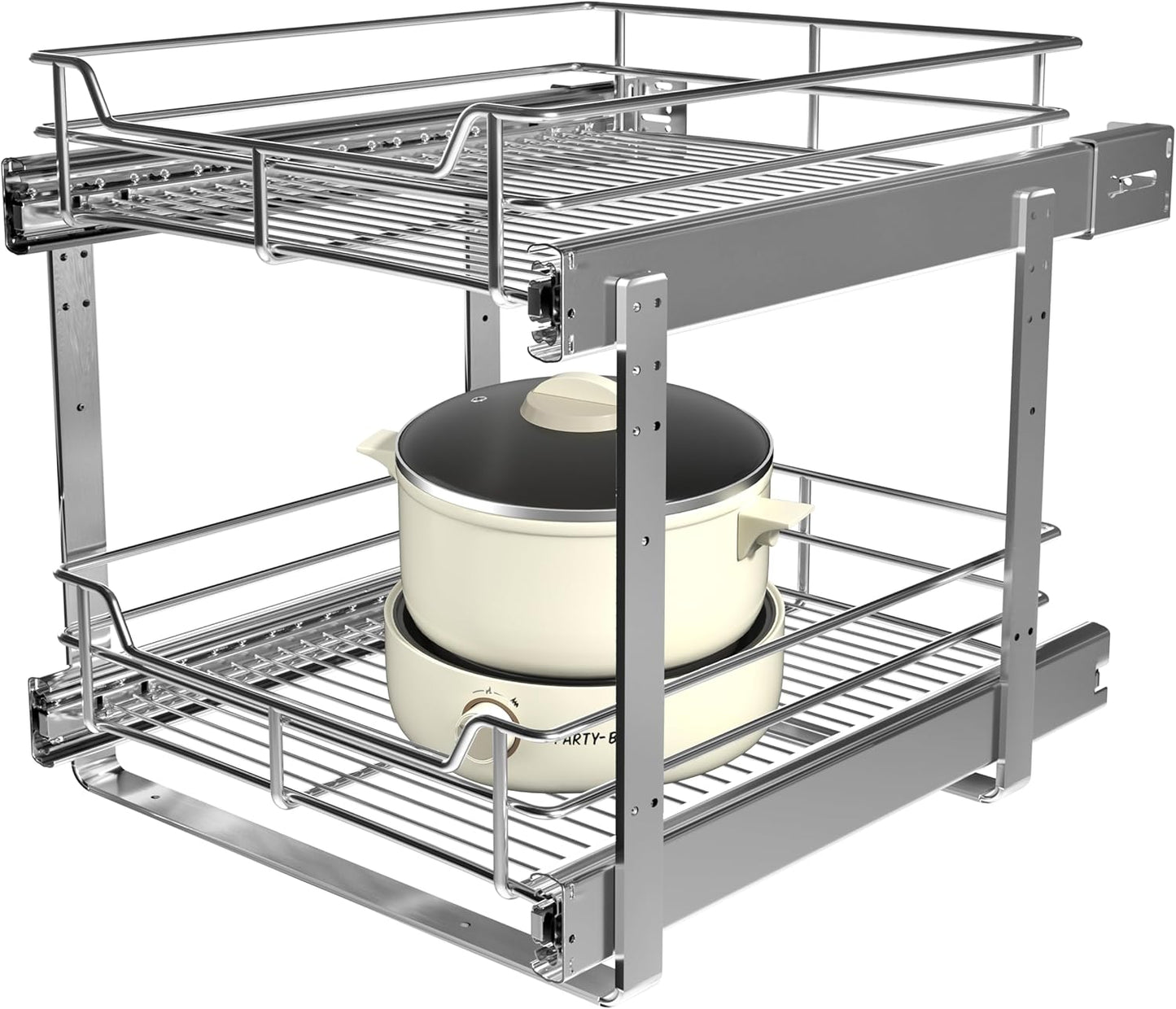 JOWBOOW 2-Tier Pull Out Cabinet Organizer, Pull Out Shelves and Drawer for Kitchen Pantry Storage Basket, Heavy-Duty Metal Sliding Shelf, Chrome Finish
