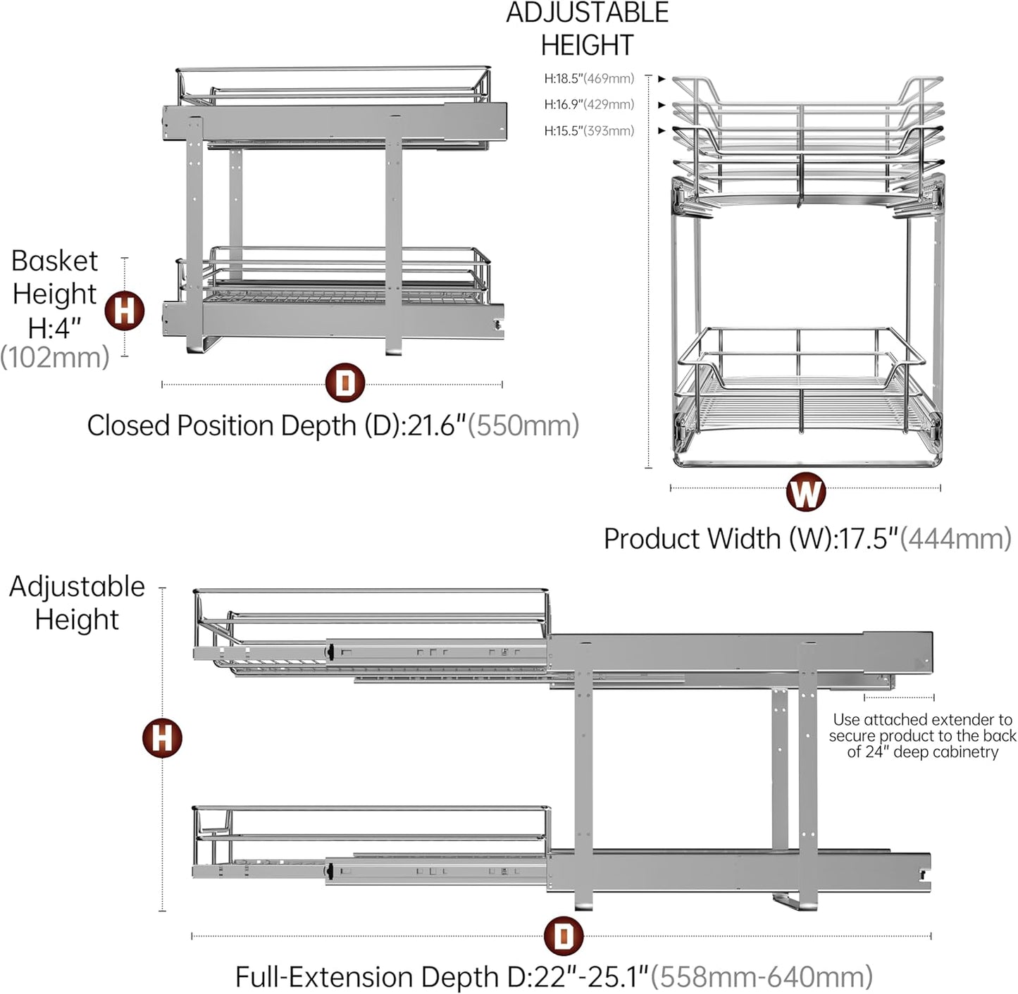 JOWBOOW 2-Tier Pull Out Cabinet Organizer, Pull Out Shelves and Drawer for Kitchen Pantry Storage Basket, Heavy-Duty Metal Sliding Shelf, Chrome Finish