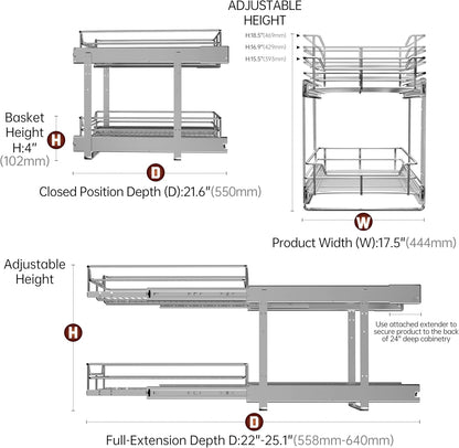 JOWBOOW 2-Tier Pull Out Cabinet Organizer, Pull Out Shelves and Drawer for Kitchen Pantry Storage Basket, Heavy-Duty Metal Sliding Shelf, Chrome Finish