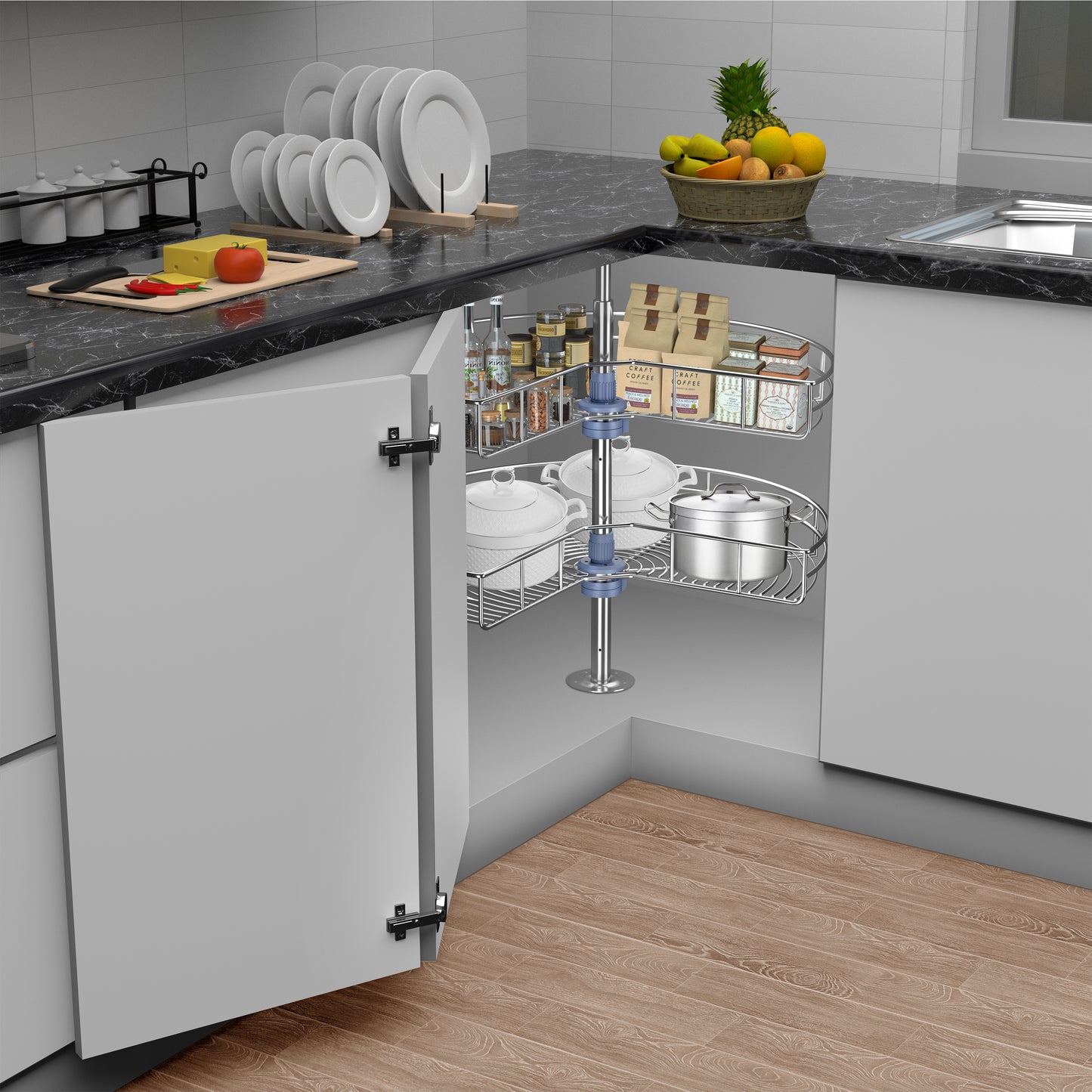JOWBOOW 28"/ 24"/32"Corner Cabinet Lazy Susan Turntable, 270° Adjustable Height Chrome Replacement Shelves for Kitchen Corner Cabinet