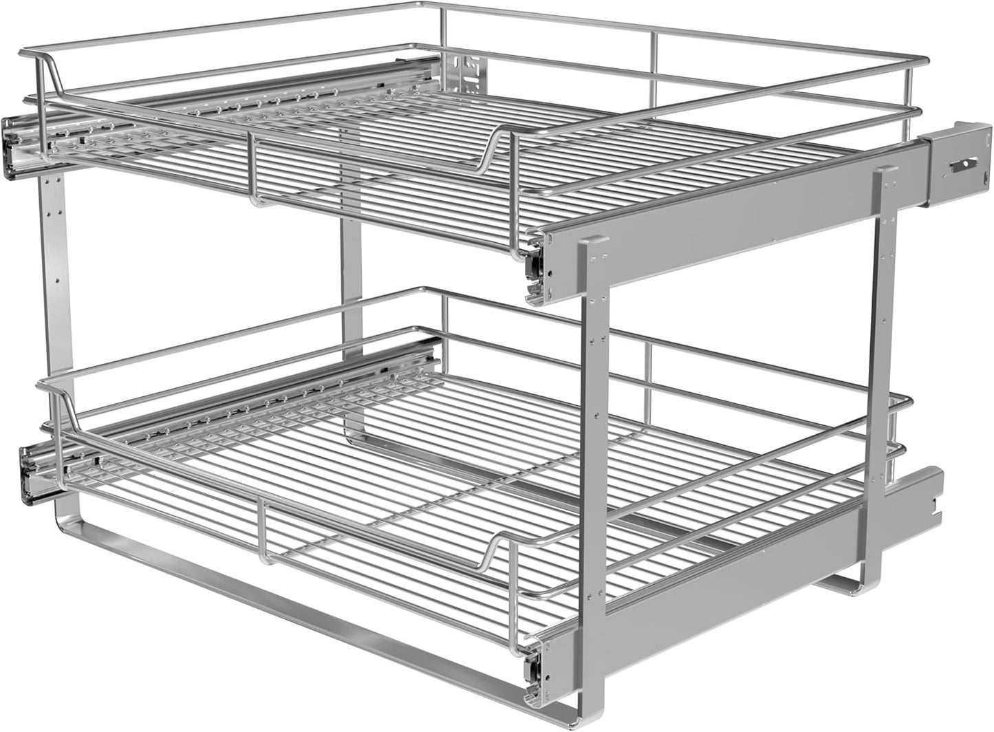 JOWBOOW 2-Tier Pull Out Cabinet Organizer, Pull Out Shelves and Drawer for Kitchen Pantry Storage Basket, Heavy-Duty Metal Sliding Shelf, Chrome Finish