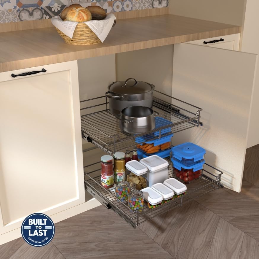 JOWBOOW 2-Tier Pull Out Cabinet Organizer, Pull Out Shelves and Drawer for Kitchen Pantry Storage Basket, Heavy-Duty Metal Sliding Shelf, Chrome Finish