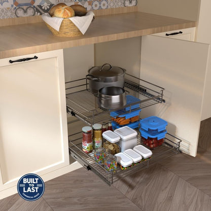 JOWBOOW 2-Tier Pull Out Cabinet Organizer, Pull Out Shelves and Drawer for Kitchen Pantry Storage Basket, Heavy-Duty Metal Sliding Shelf, Chrome Finish