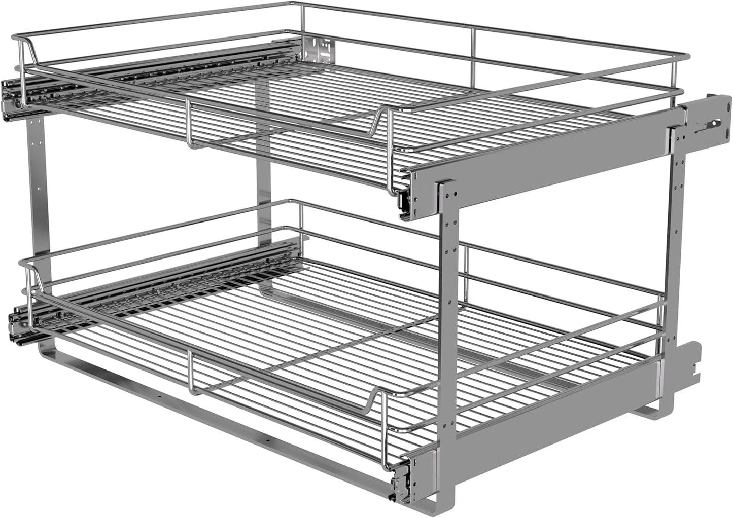 JOWBOOW 2-Tier Pull Out Cabinet Organizer, Pull Out Shelves and Drawer for Kitchen Pantry Storage Basket, Heavy-Duty Metal Sliding Shelf, Chrome Finish