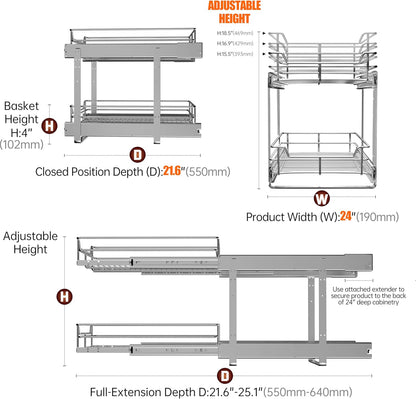 JOWBOOW 2-Tier Pull Out Cabinet Organizer, Pull Out Shelves and Drawer for Kitchen Pantry Storage Basket, Heavy-Duty Metal Sliding Shelf, Chrome Finish
