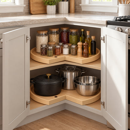 JOWBOOW 2 Pack 28" Wood Kidney-Shaped Lazy Susan Shelf for Corner Base Cabinet