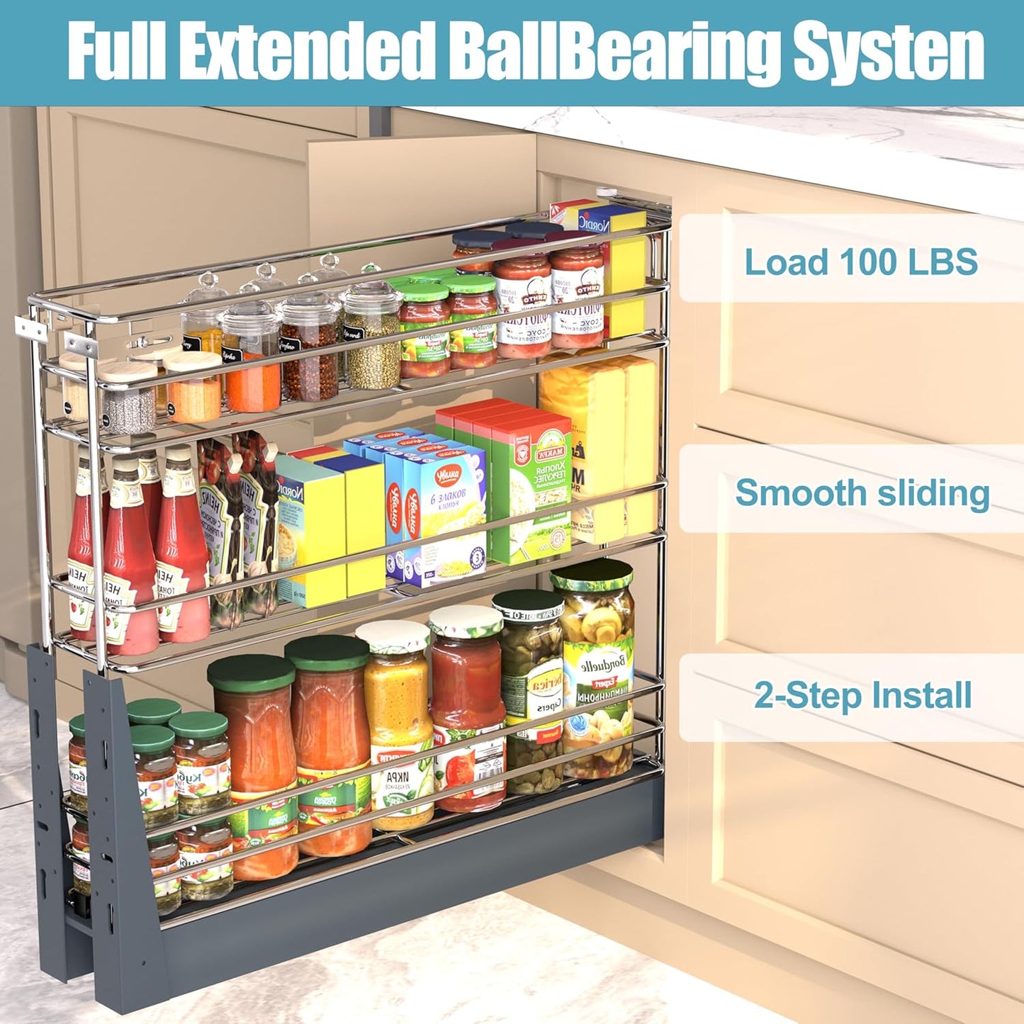 JOWBOOW Pull Out Spice Rack for Narrow Cabinet, Heavy Duty 3 Tier narrow PullOut Cabinet Organizer and Slide Out Shelves for inside Base Cabinets, Filler Pantry Storage