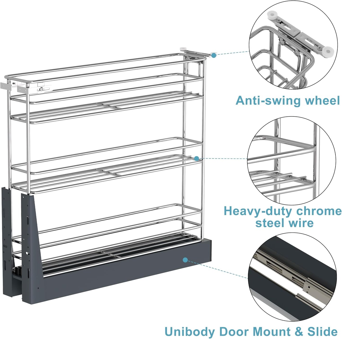 JOWBOOW Pull Out Spice Rack for Narrow Cabinet, Heavy Duty 3 Tier narrow PullOut Cabinet Organizer and Slide Out Shelves for inside Base Cabinets, Filler Pantry Storage