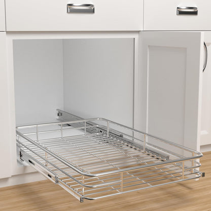 JOWBOOW Sliding Cabinet Organizer Pull Out Shelves, Heavy-Duty Slide Out Shelf, Steel Metal Cabinet Roll Out Shelves for Kitchen Bathroom, Chrome