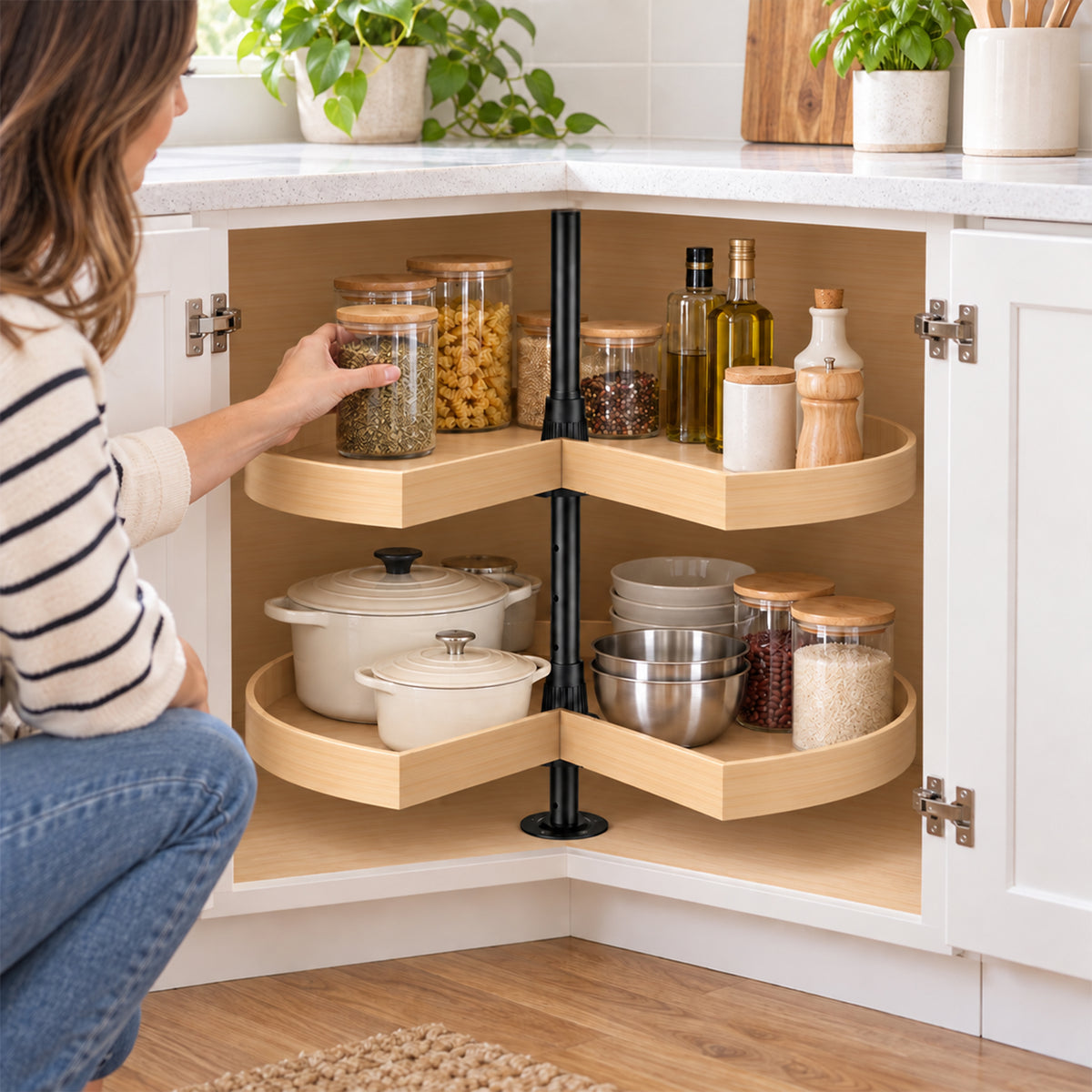 JOWBOOW 28" Wood Kidney Lazy Susan, Replacement Corner Cabinet Organizer
