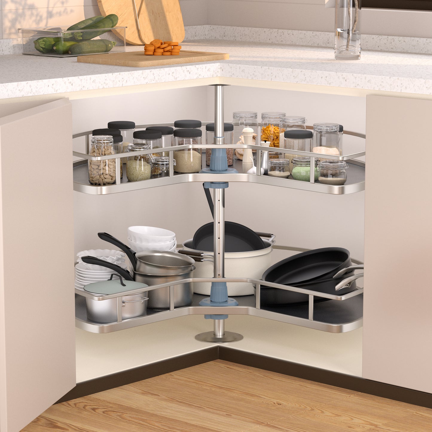 JOWBOOW 28" Kidney Corner Cabinet Lazy Susan Turntable, 270° Height Adjustable Replacement Shelves for Kitchen Corner Cabinet (Cannot be Door-Mounted)