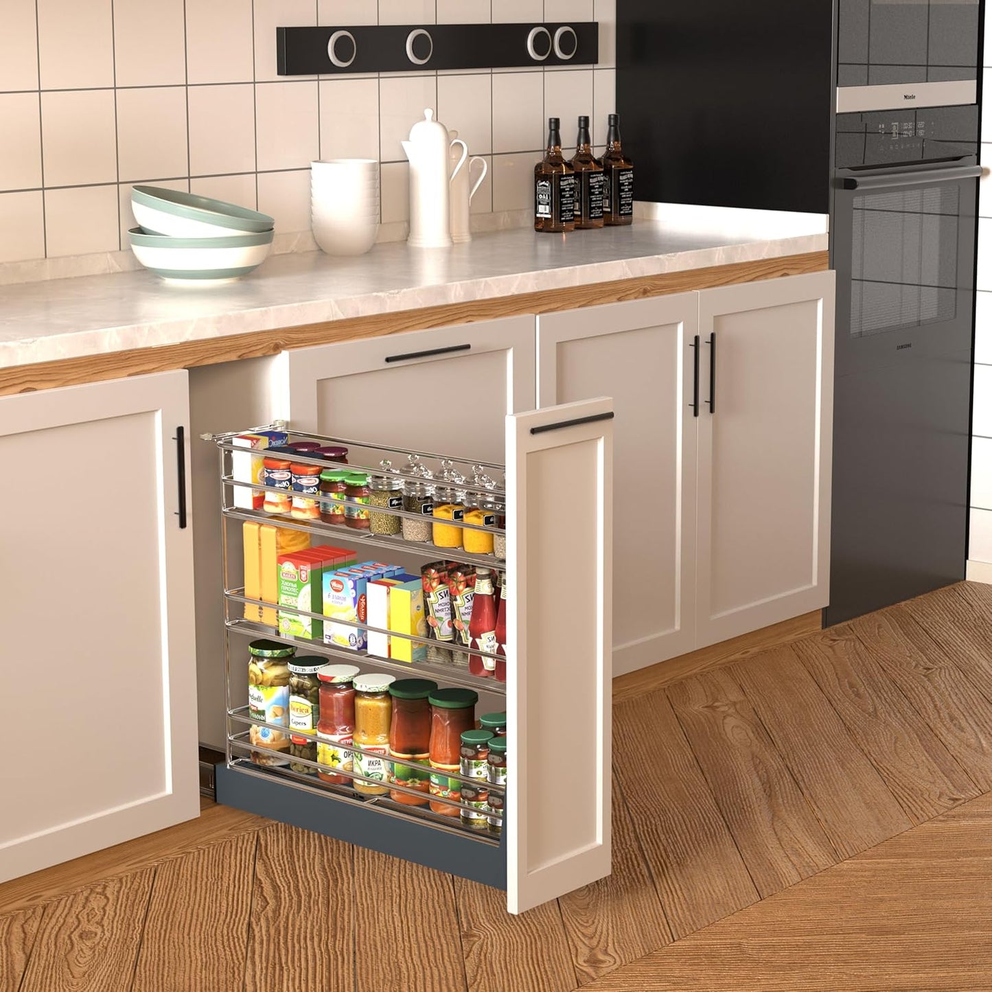 JOWBOOW Pull Out Spice Rack for Narrow Cabinet, Heavy Duty 3 Tier narrow PullOut Cabinet Organizer and Slide Out Shelves for inside Base Cabinets, Filler Pantry Storage