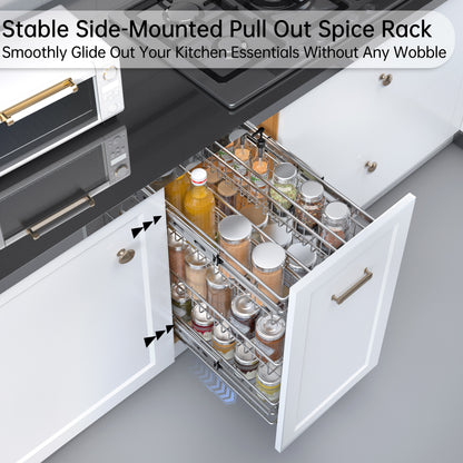 JOWBOOW Narrow Pull Out Cabinet Organizer(4⅜" W x 18⅛" D),Pull Out Spice Rack, 3-Tier Side Mount Slide Out Spice Rack for Narrow Cabinet