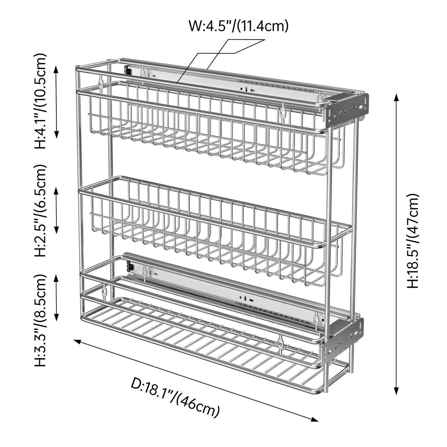 JOWBOOW Narrow Pull Out Cabinet Organizer(4⅜" W x 18⅛" D),Pull Out Spice Rack, 3-Tier Side Mount Slide Out Spice Rack for Narrow Cabinet