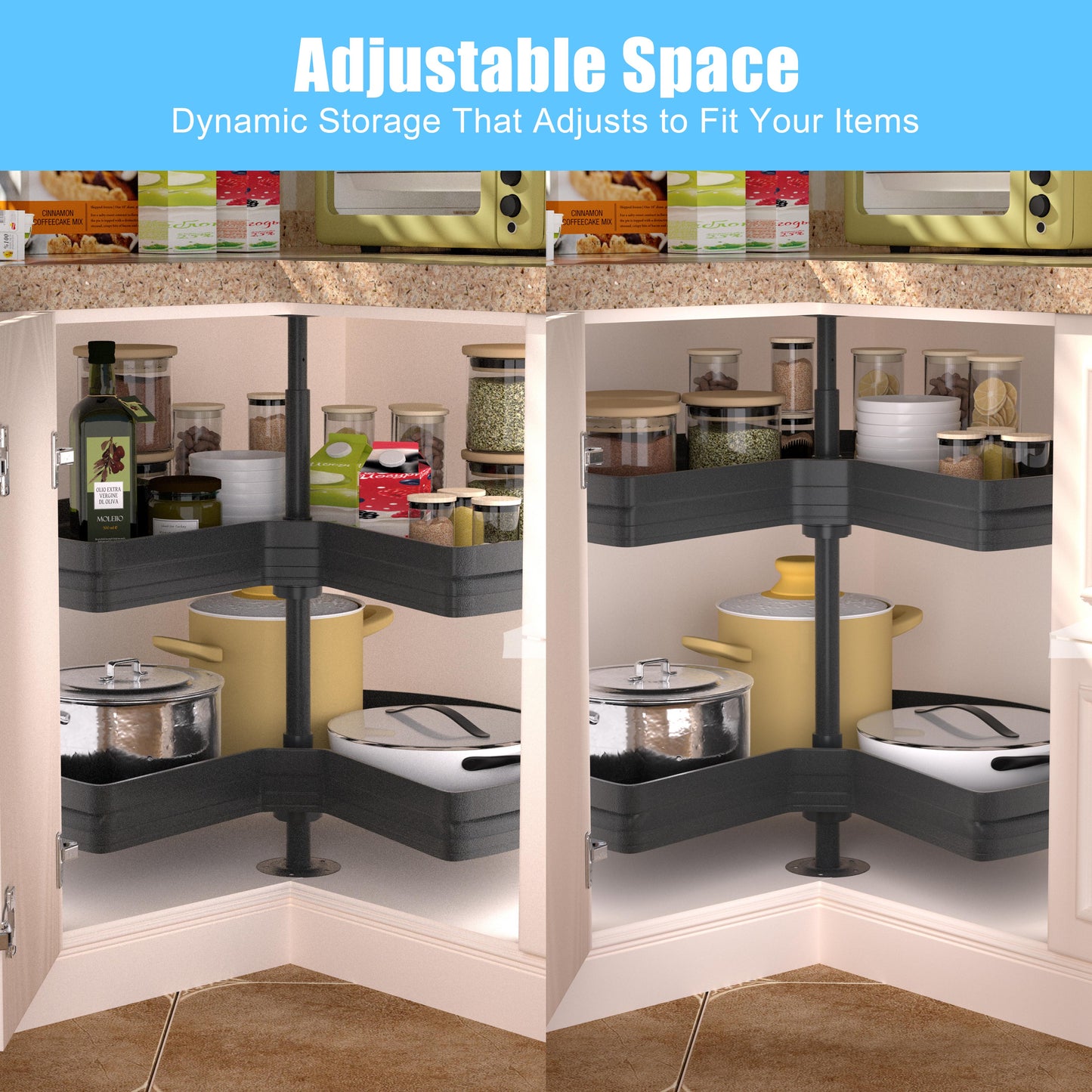 JOWBOOW 28" Kidney Lazy Susan for Cabinet, 270° Height Adjustable Replacement Shelves for Kitchen Corner Cabinet(Cannot be Door-Mounted)