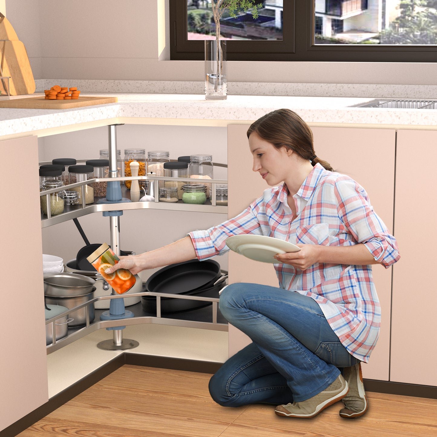 JOWBOOW 28" Kidney Corner Cabinet Lazy Susan Turntable, 270° Height Adjustable Replacement Shelves for Kitchen Corner Cabinet (Cannot be Door-Mounted)