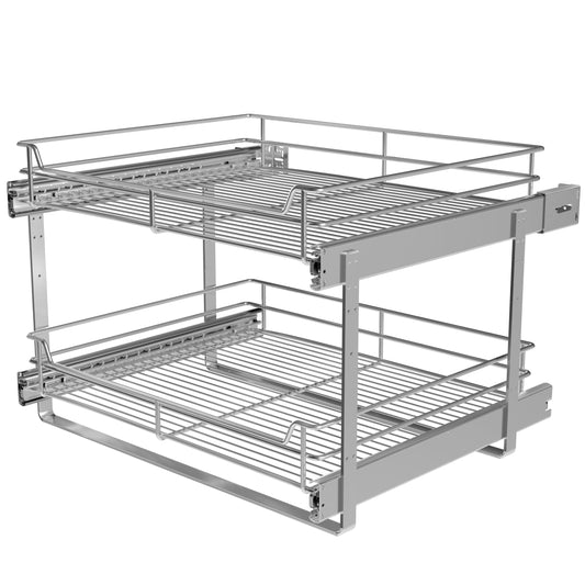JOWBOOW 2-Tier Pull Out Cabinet Organizer, Pull Out Shelves and Drawer for Kitchen Pantry Storage Basket, Heavy-Duty Metal Sliding Shelf, Chrome Finish