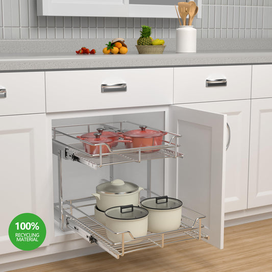 JOWBOOW 2-Tier Pull Out Cabinet Organizer, Pull Out Shelves and Drawer for Kitchen Pantry Storage Basket, Heavy-Duty Metal Sliding Shelf, Chrome Finish
