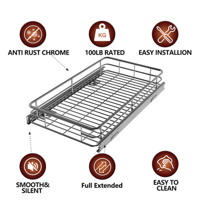 JOWBOOW Sliding Cabinet Organizer Pull Out Shelves, Heavy-Duty Slide Out Shelf, Steel Metal Cabinet Roll Out Shelves for Kitchen Bathroom, Chrome